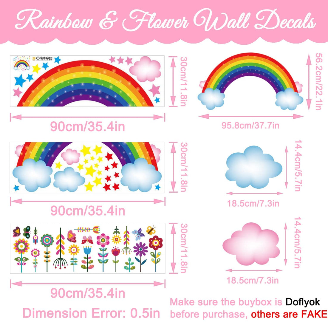 Joyduo 3 Sheets Rainbow Wall Decal Rainbow Wall Sticker, Large Removable Rainbow Butterflies Clouds Star Flower Wall Decals for Nursery Kids Girls Bedroom Decor