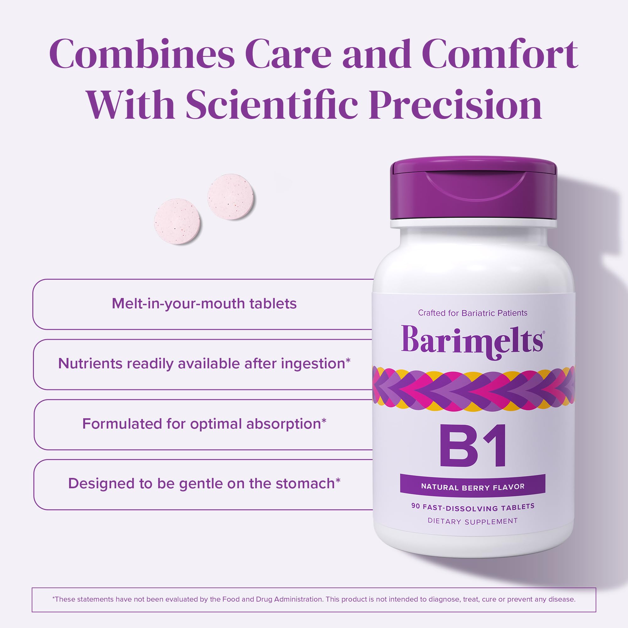 Barimelts Vitamin B1-90 Fast-Dissolving Tablets (3-Month Supply) - Sugar-Free Bariatric Vitamins for Women, Natural Berry Flavor