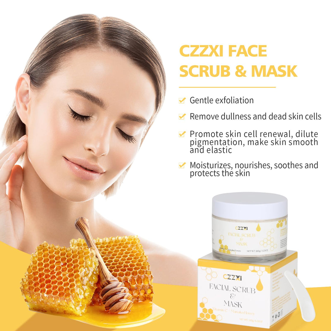 CZZXI Face Scrub & Facial Exfoliator with Manuka Honey Vitamin C & Niacinamide Face Mask - Gentle Exfoliator for Reduces Dry Skin, Acne, Blackheads, Pore Size 4.23oz