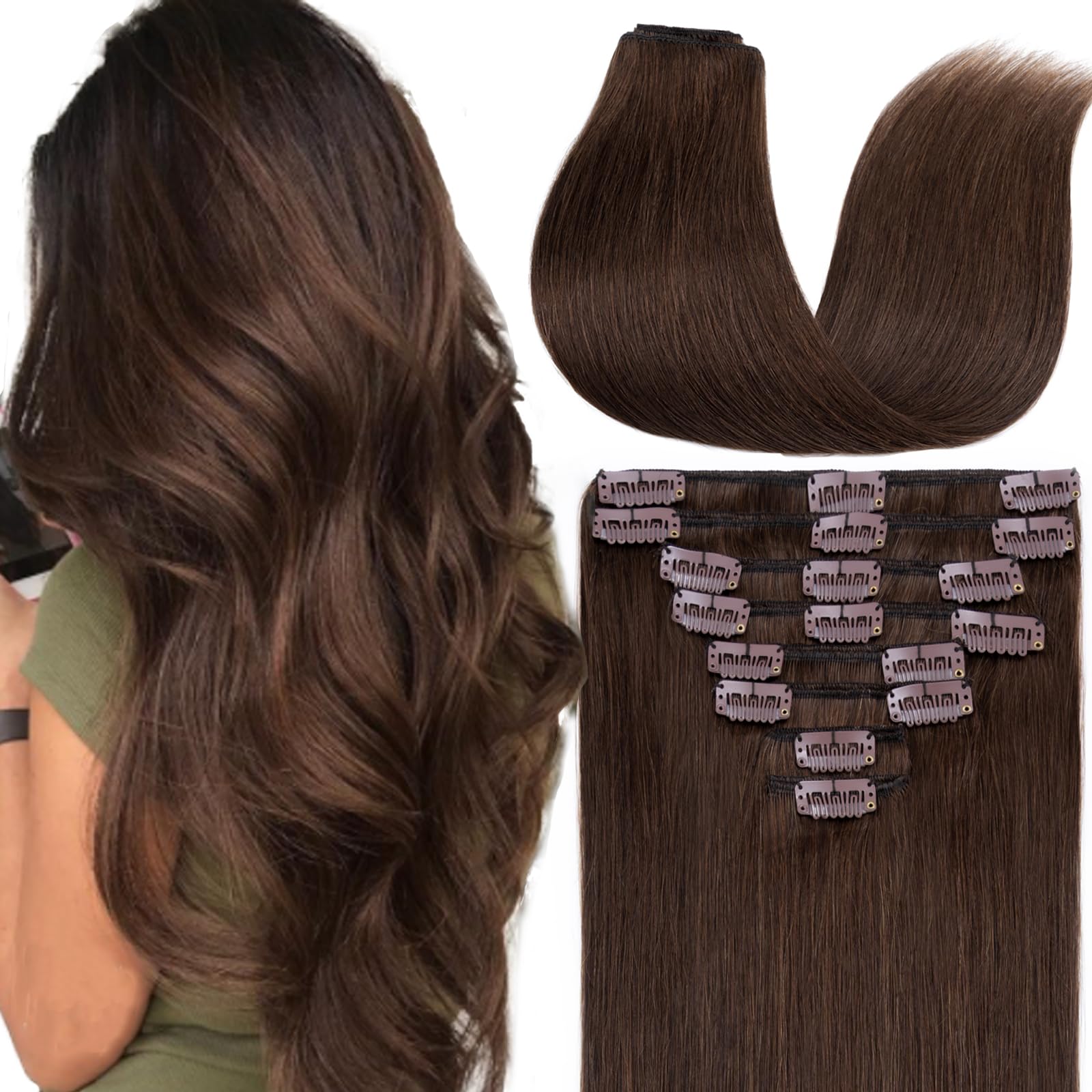 13 inch 80g Clip in Remy Human Hair Extensions Full Head 8 Pieces Set Short length Straight Very Soft Style Real Silky for Beauty #4 Medium Brown