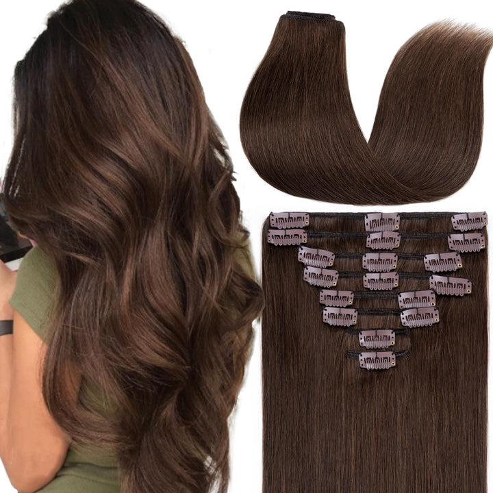 13 inch 80g Clip in Remy Human Hair Extensions Full Head 8 Pieces Set Short length Straight Very Soft Style Real Silky for Beauty #4 Medium Brown