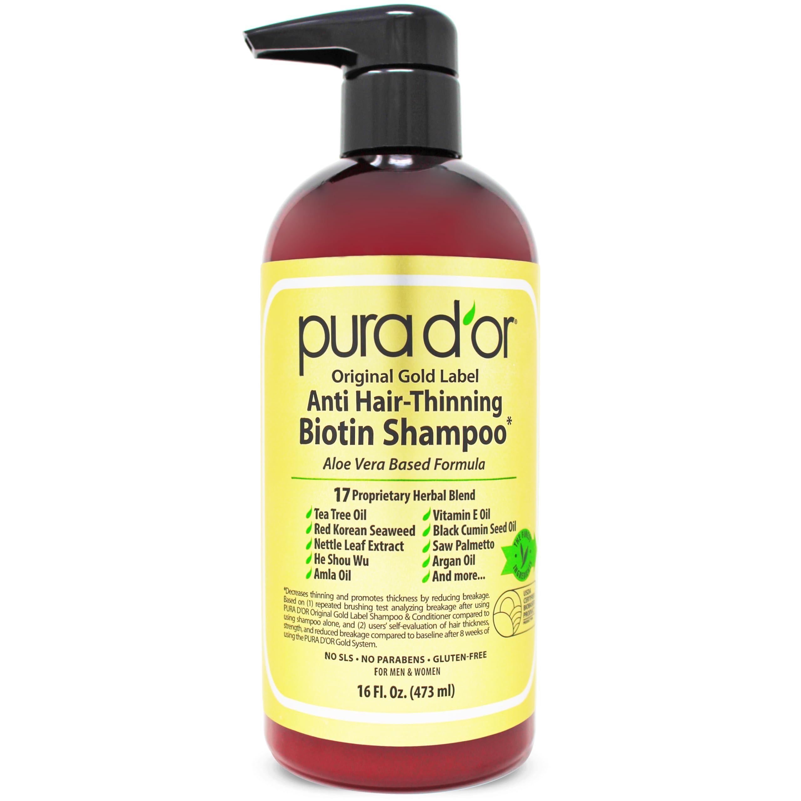 PURA D'OR Original Gold Label Anti-Thinning Biotin Shampoo Natural Earthy Scent, Herbal Hair Thickening Products, 3-1 Wash, Women & Men, Color Treated Hair, 16 Oz