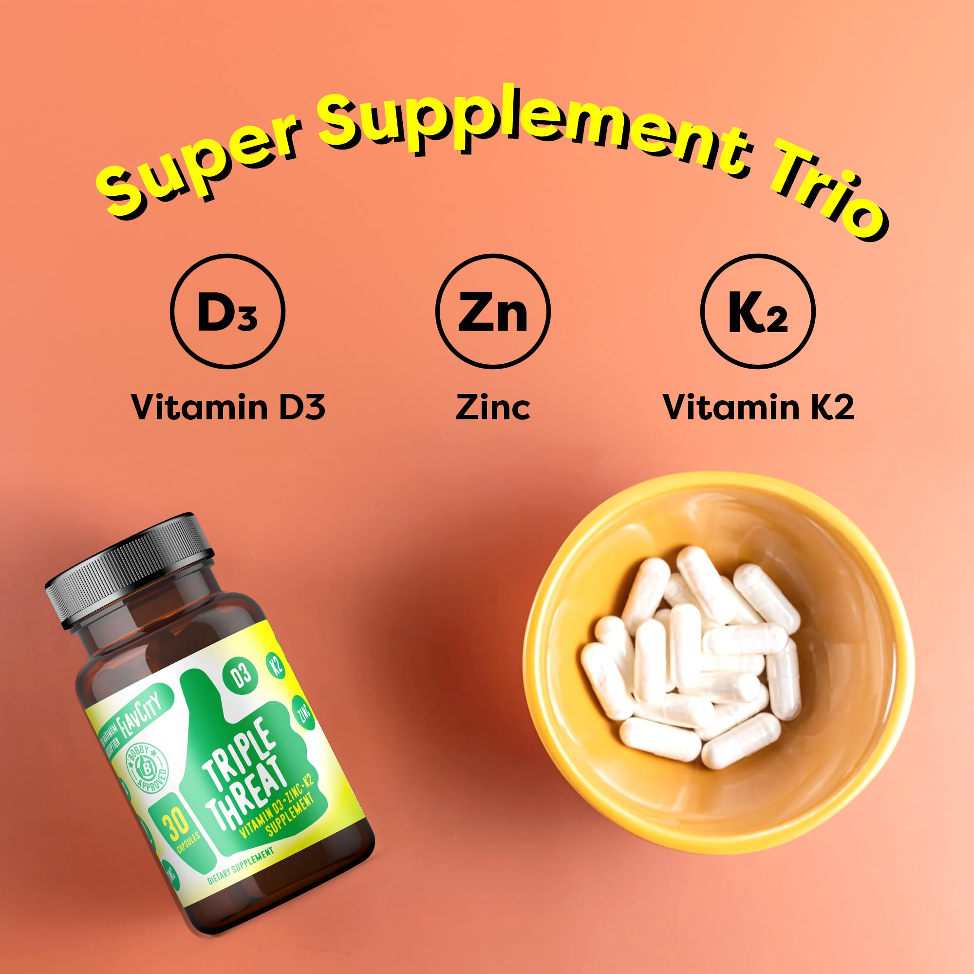 FlavCity Vitamin D Supplement, Triple Threat - 3-in-1 Dietary Supplement for Immune Support - Made with Vitamin D3, Zinc & Vitamin K2 for Maximum Absorption - 30 Capsules