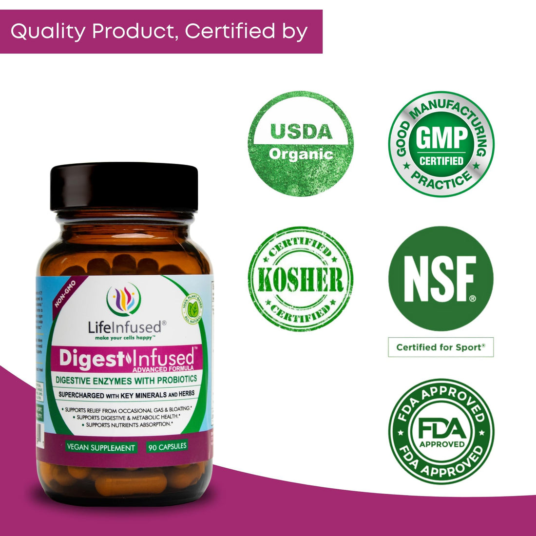 Life Infused - Premium Digestive Enzyme Supplements - 21 Plant-Based Enzymes, Proteases, Bromelain, Amylase, Papain - Probiotics, 72 Key Minerals & Herbs - Ease Gas & Bloating. 90 Servings.