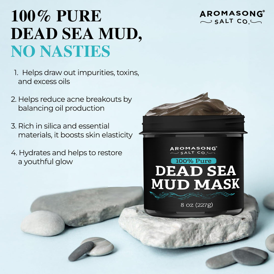 Aromasong Dead Sea Mud Mask 100% Pure for Face and Body - Spa Quality Pore Reducer for Acne, Blackheads & Oily Skin, Cleansing Natural Skin Care for Women and Men - 8 oz