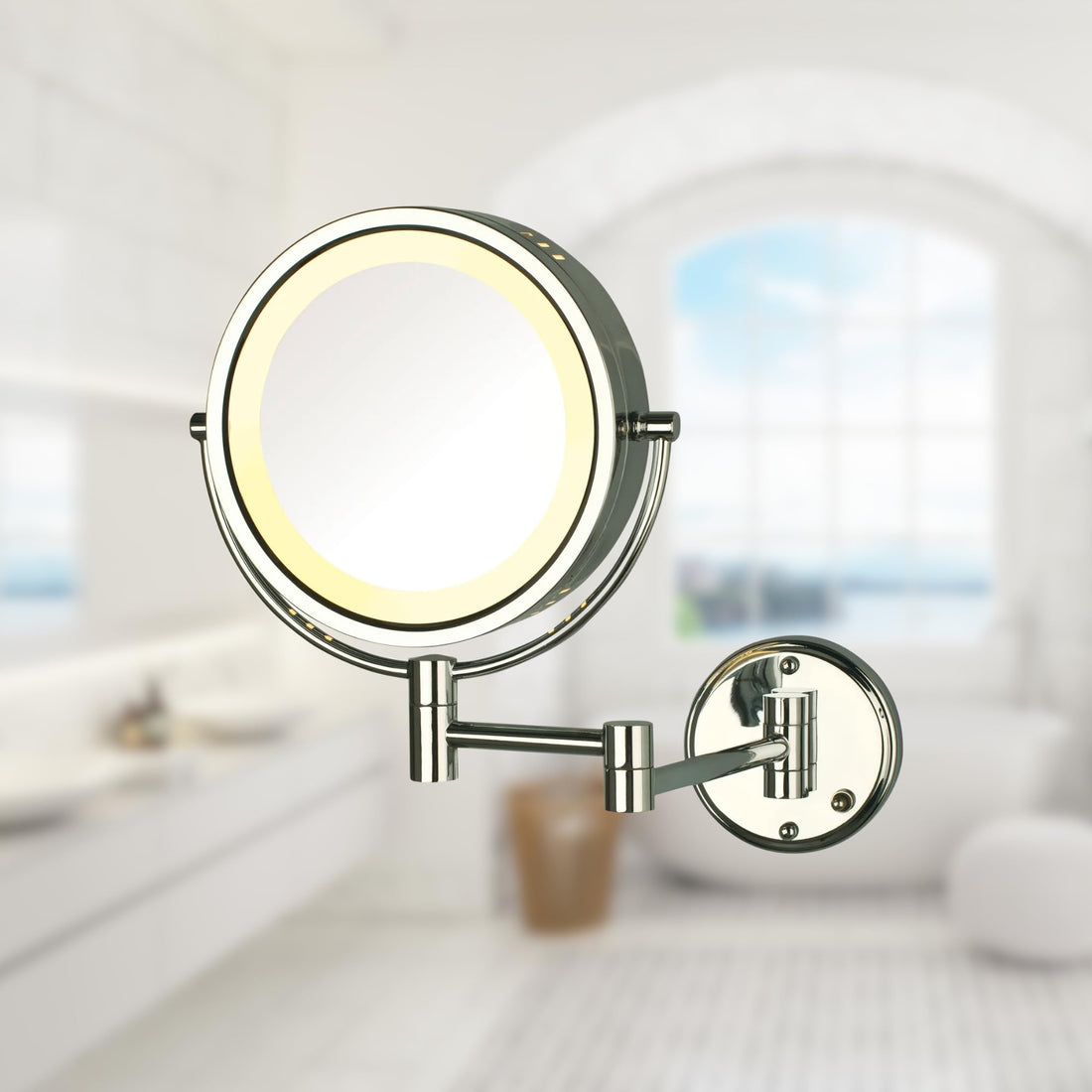 Jerdon Two-Sided Wall-Mounted Makeup Mirror with Lights - Direct Wire Lighted Mirror with 8X Magnification & Wall-Mount Arm - 8.5-inch Diameter Mirror with Chrome Finish Wall Mount - Model HL75CD