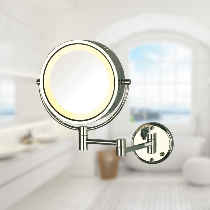 Jerdon Two-Sided Wall-Mounted Makeup Mirror with Lights - Direct Wire Lighted Mirror with 8X Magnification & Wall-Mount Arm - 8.5-inch Diameter Mirror with Chrome Finish Wall Mount - Model HL75CD