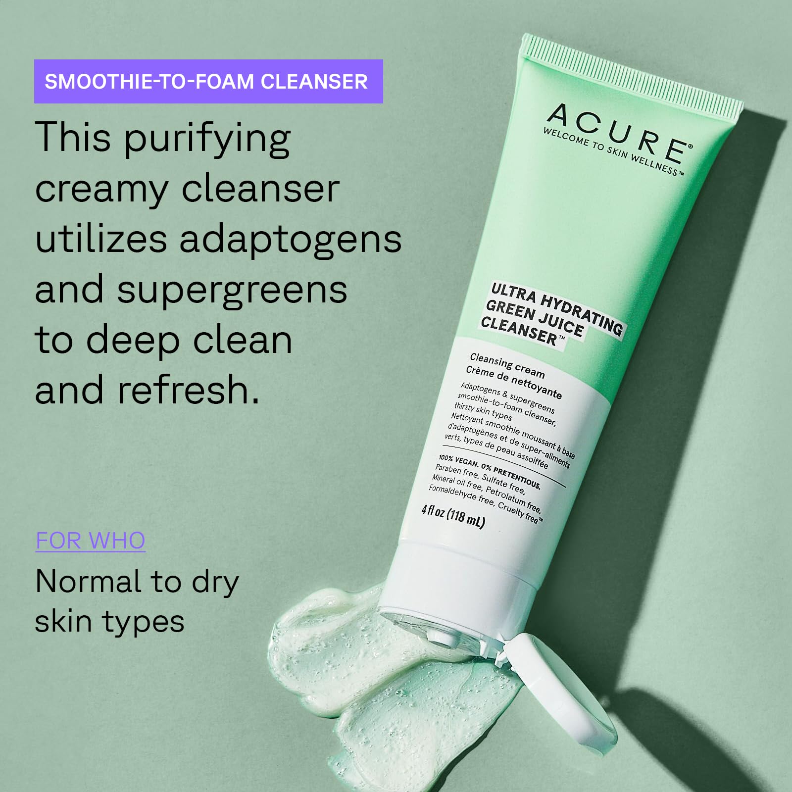 ACURE Ultra Hydrating Green Juice Cleanser | 100% Vegan | Intense Moisture for Super Thirsty Skin | Supergreens & Adaptogens - Purifies, Deep Cleanses & Refreshes | 4Fl Oz
