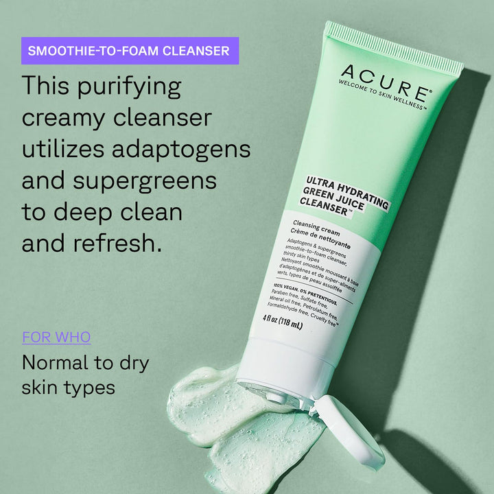ACURE Ultra Hydrating Green Juice Cleanser | 100% Vegan | Intense Moisture for Super Thirsty Skin | Supergreens & Adaptogens - Purifies, Deep Cleanses & Refreshes | 4Fl Oz