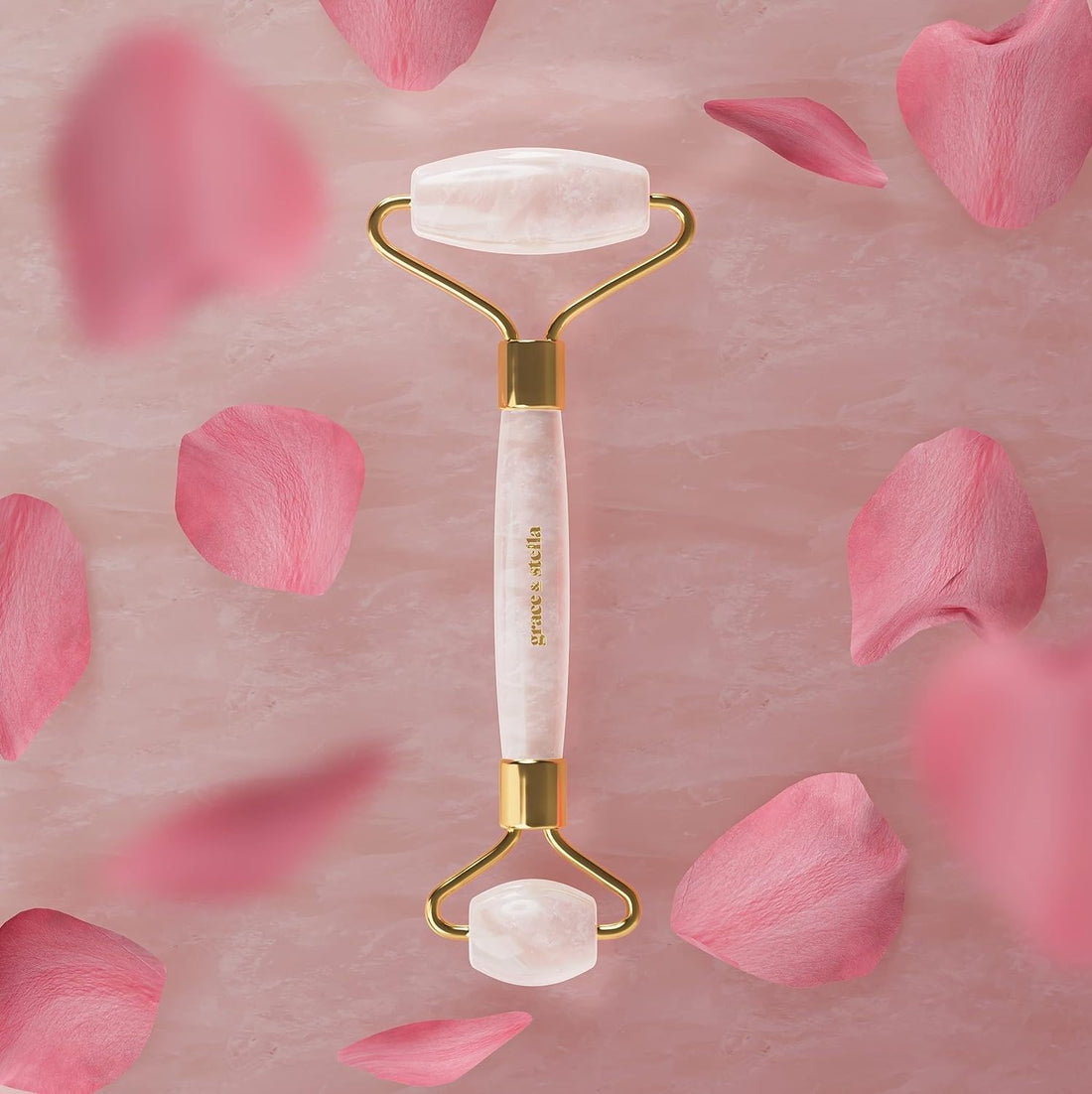 Grace & Stella Rose Quartz Jade Face Roller - Stone Face Massager and Lymphatic Drainage Tool | Eliminate Toxins & Reduce Puffiness