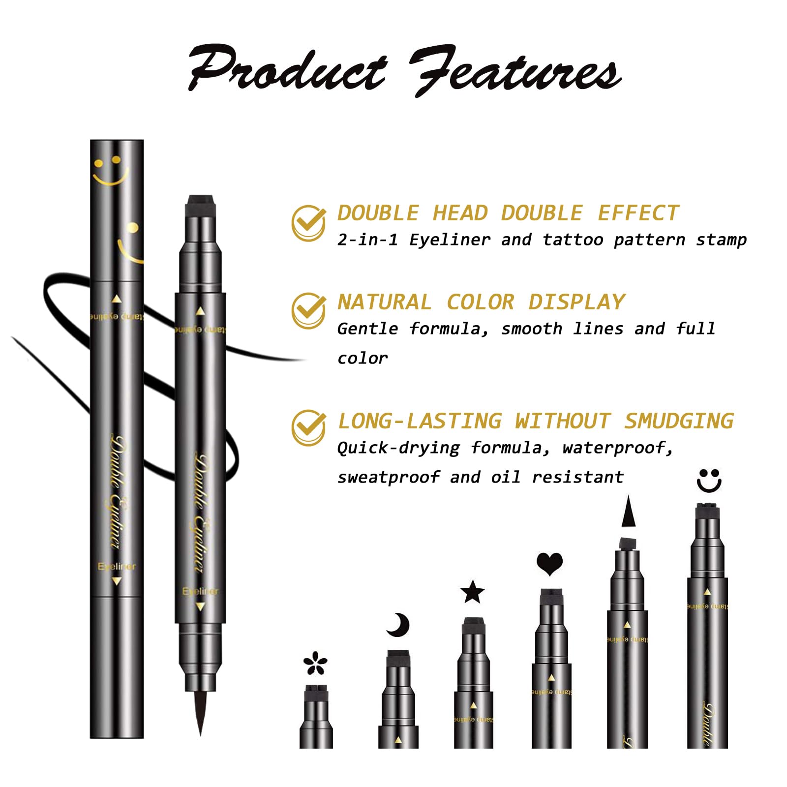 LOKFAR 6 Pcs Double-Side Liquid Eyeliner Stamp Pen Set, Eye Liners for Women Waterproof Eyeliner Pencil Black Eye-liner Stencils Long-Lasting Tattoo Makeup-Triangle,Star,Moon,Heart,Flower,Smiley