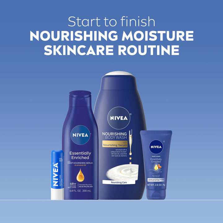 NIVEA Nourishing Moisture Collection Skin Care Set, Nourishing Care Body Wash, 20 Fl Oz Bottle + Body Lotion, 13.5 Fl Oz Bottle + Hand Cream, 2.6 Oz Tube + Moisture Lip Care Balm, 0.17 Oz Stick