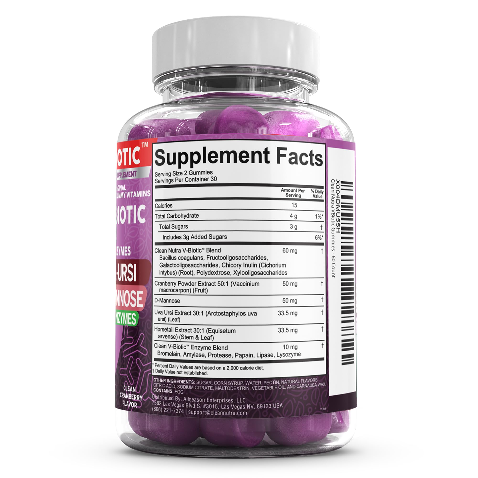 Clean Nutraceuticals Vaginal Probiotics for Women Gummies with Cranberry, Uva Ursi, Horsetail, D-Mannose, Prebiotics & Digestive Enzymes, Vaginal Health Supplement for pH Balance Flora Odor VBiotic