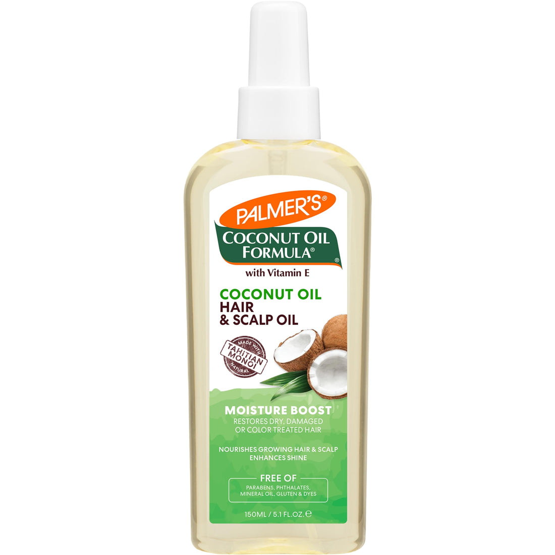 Palmer's Coconut Oil Moisture Boost, Restorative Hair and Scalp Oil Spray, Lasting Hydration and Shine for Dry or Damaged Hair, Promotes Scalp Health, 5.1 Oz