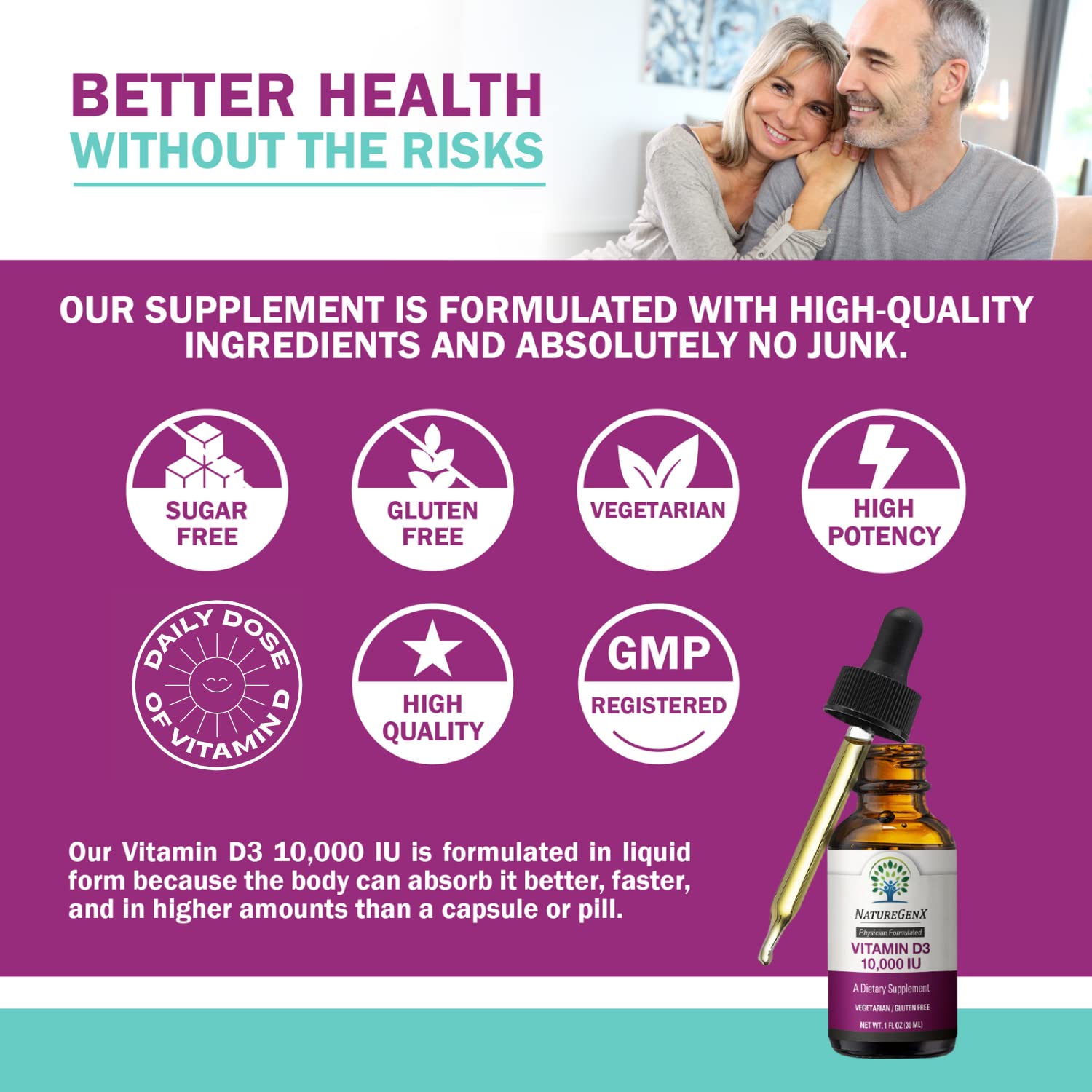 NatureGenX Vitamin D Liquid Drops for Adults: Vegan D3 10000 IU for Immune Support & Bone Strength Supplements, Non-GMO & Gluten Free Liquid Vitamin D for Women & Men, 30ml, 30 Servings
