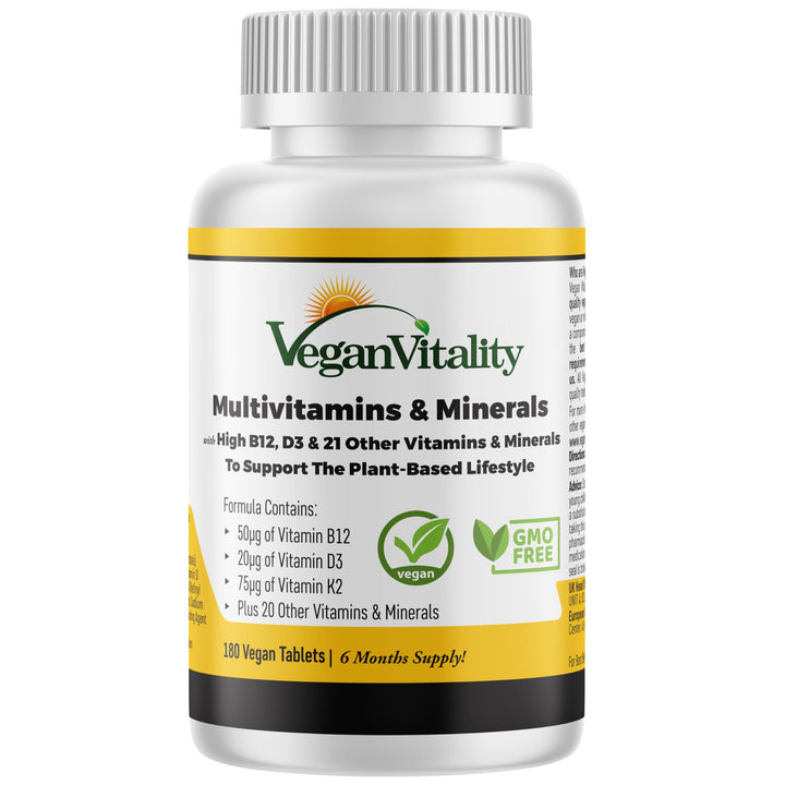 Vegan Vitality Multivitamins & Minerals for Women and Men with High Strength Vitamin B12, D3 & K2. 180 Vegan Multivitamin Tablets - 6 Months Supply. Vitamins for Vegans & Vegetarians