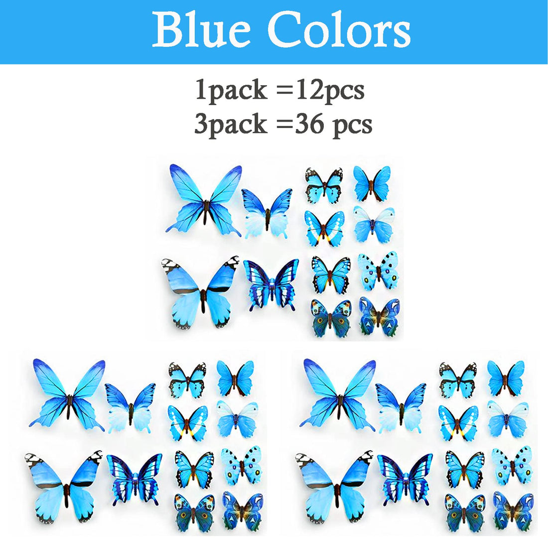 Ewong Butterfly Wall Decals, 36PCS 3D Butterflies Home Decor for Room, Wall Sticker for Girls Room Kids Bedroom Bathroom Baby Nursery Decoration (Blue)