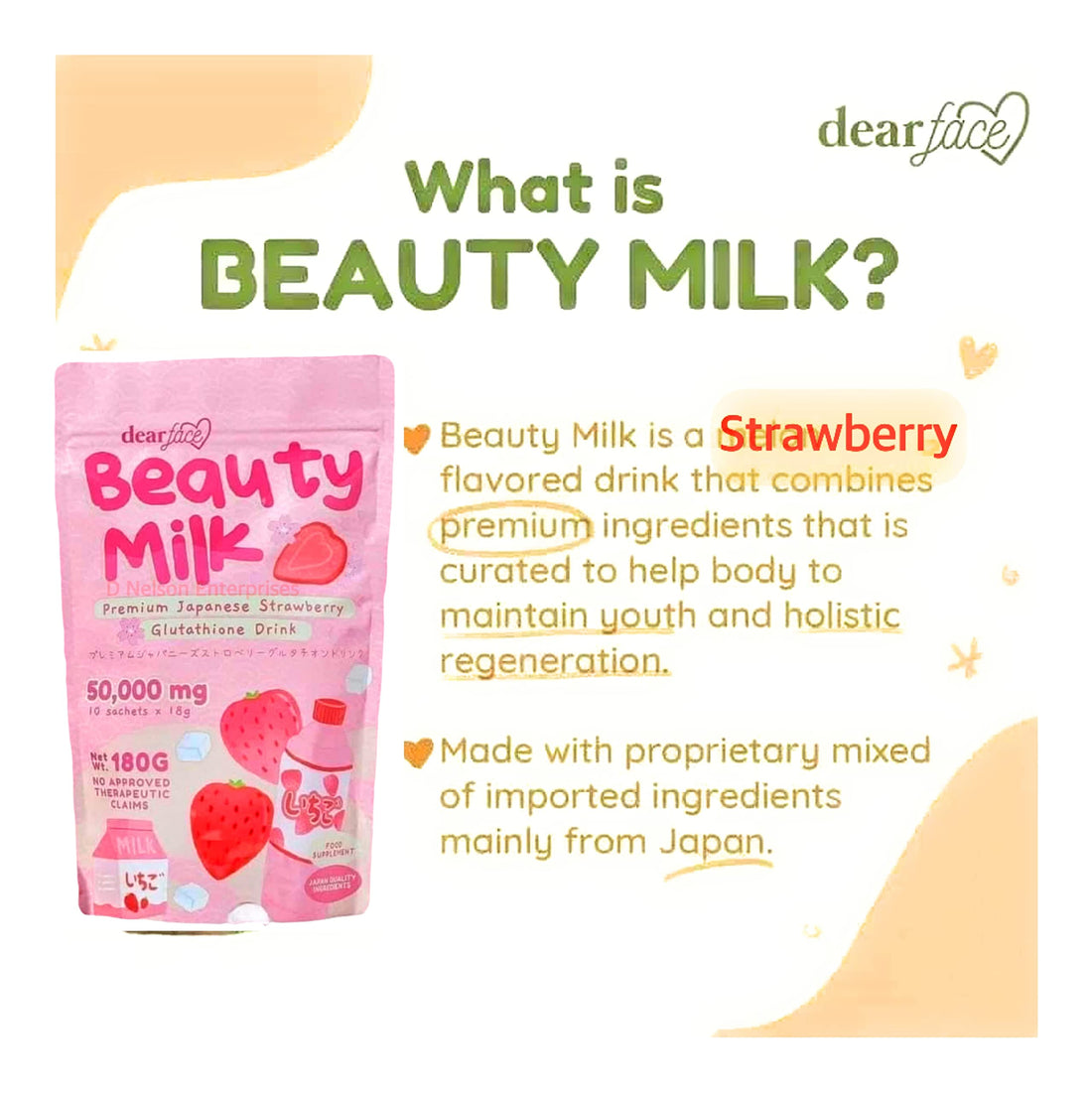Dear Face Beauty Milk Japanese Collagen STRAWBERRY Drink - 50,000mg Hydrolyzed Collagen, 6.3 Ounce (Pack of 1)