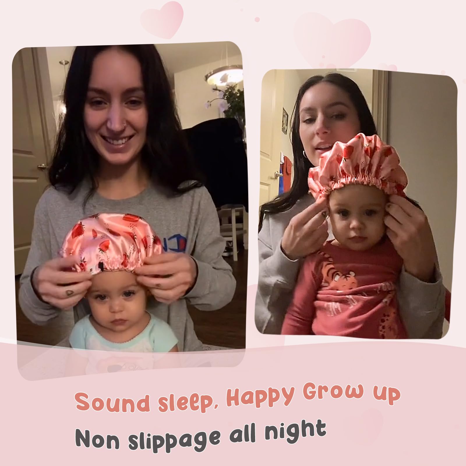 YANIBEST Baby Satin Bonnet Sleep Cap - Double Layer Reversible Adjustable Silky Satin Cap for Infant Toddler(6-36Months,Strawberry)