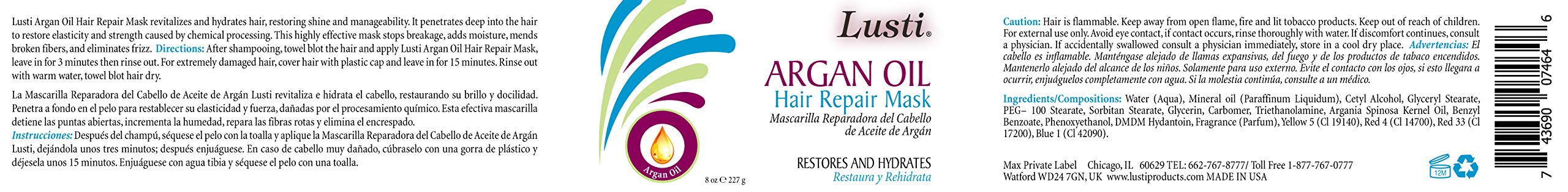Lusti Naturals Argan Oil Hair Repair Mask, Restores & Hydrates, 10 Oz