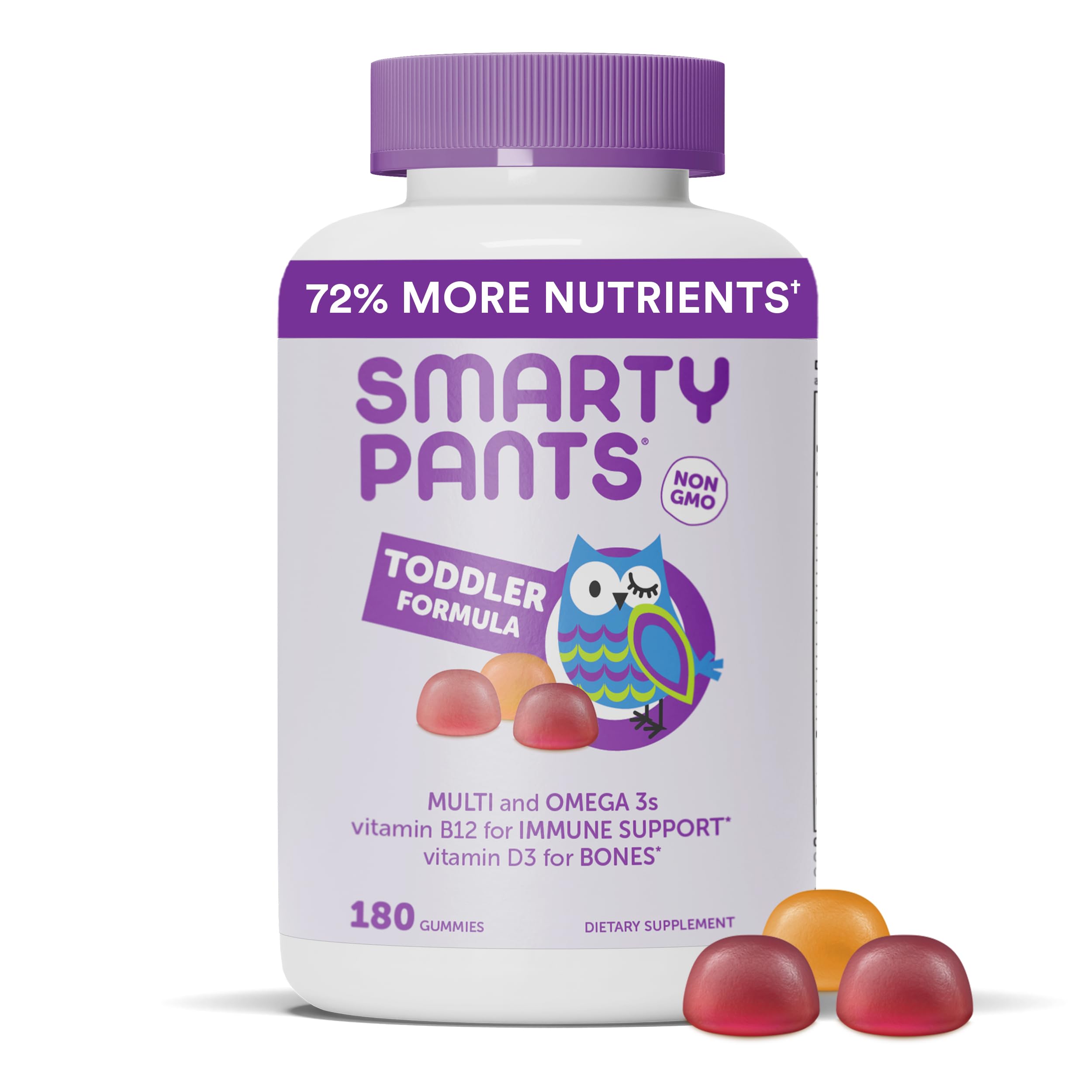 SmartyPants Toddler Multivitamin Gummies: Omega 3 Fish Oil (EPA/DHA), Vitamin D3, C, Vitamin B12, B6, A, K & Zinc, Biotin, Beta Carotene, Gluten Free, Three Fruit Flavors, 180 Count (60 Day Supply)