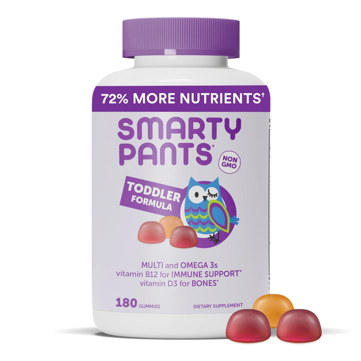 SmartyPants Toddler Multivitamin Gummies: Omega 3 Fish Oil (EPA/DHA), Vitamin D3, C, Vitamin B12, B6, A, K & Zinc, Biotin, Beta Carotene, Gluten Free, Three Fruit Flavors, 180 Count (60 Day Supply)