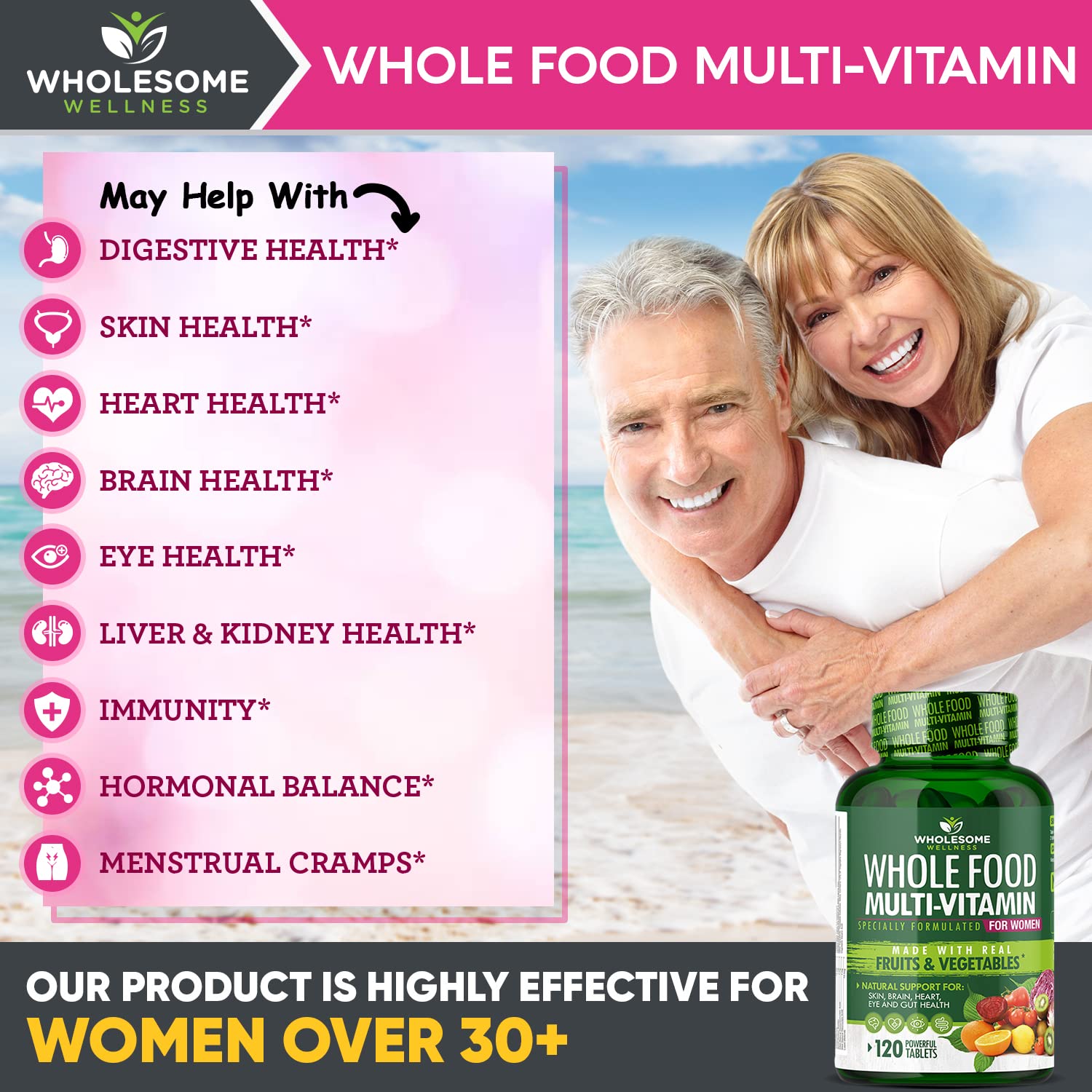Wholesome Wellness Whole Food Multivitamin for Women - Natural Multi Vitamins, Minerals, Organic Extracts - 120 Tablets