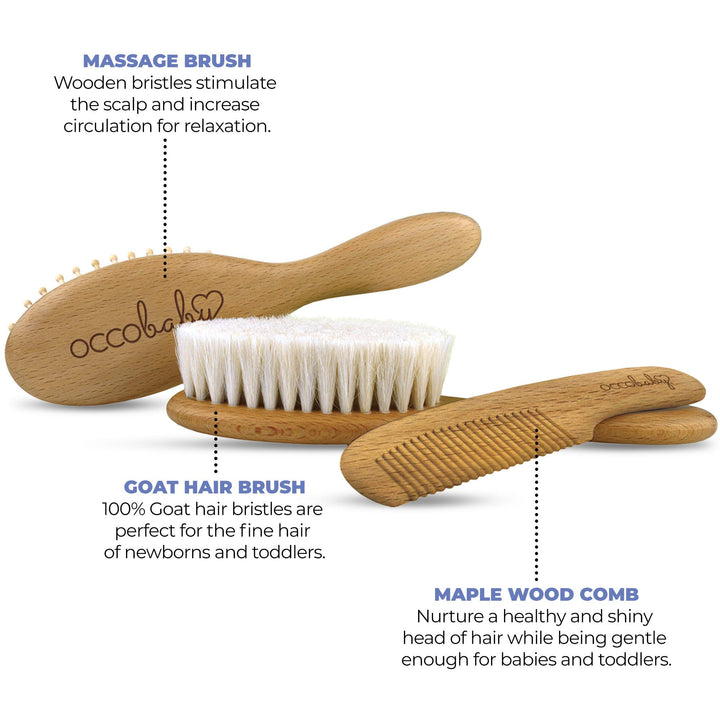 Premium Wooden Baby Hair Brush and Comb Set - Gentle Goat Hair Bristle Brush for Cradle Cap - Ideal Baby Brush Set for Newborns and Toddler Comb
