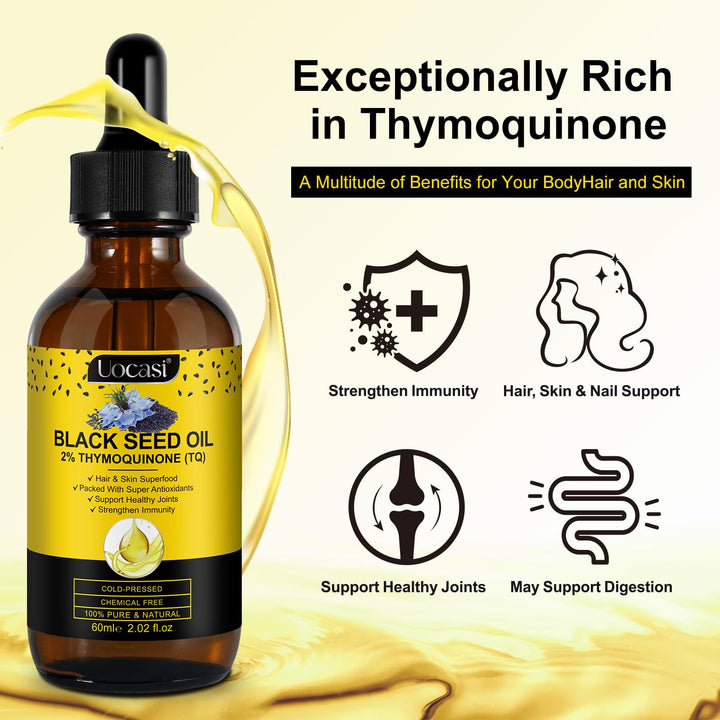 Black Seed Oil Organic Cold Pressed, 100% Pure and Natural Liquid, Enriched with High TQ & Dynamic Harmony of Omegas 3 6 9, Hair Growth, Skin Cares, Nourishes and Hydrates Hair