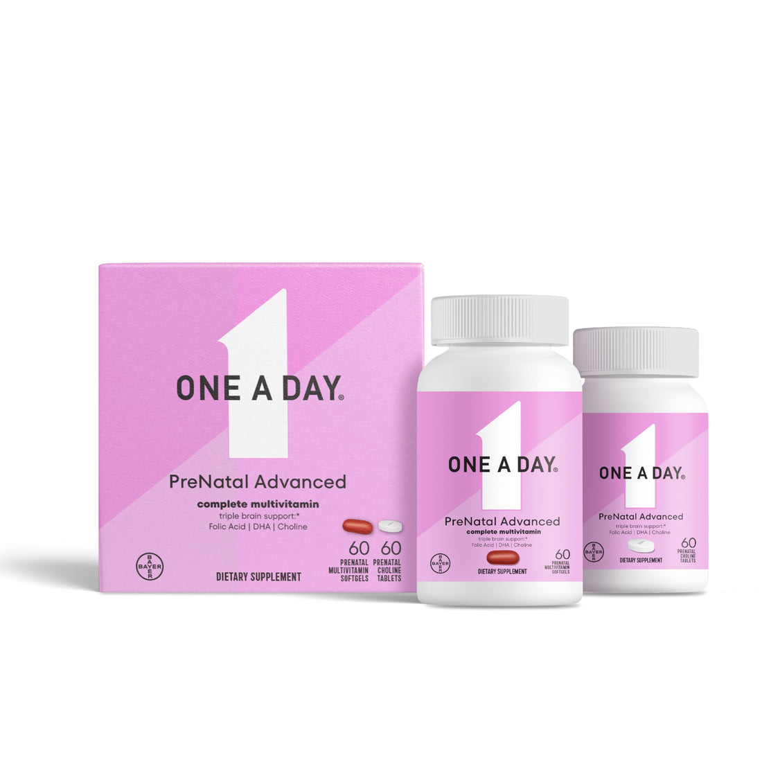 ONE A DAY Women’s Prenatal Advanced Complete Multivitamin with Brain Support* with Choline, Folic Acid, Omega-3 DHA & Iron for Pre, During & Post Pregnancy, 60+60 Ct (120 Total) (Packaging May Vary)