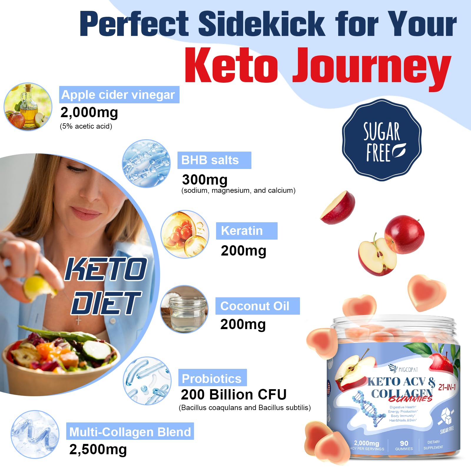 Sugar Free Apple Cider Vinegar Gummies, 21 in 1 Keto ACV Gummies with Multi Collagen Peptides, Biotin, Probiotics, Vitamins for Healthy Hair, Skin, Nails & Digestive Support, Apple Flavored, 90 Count