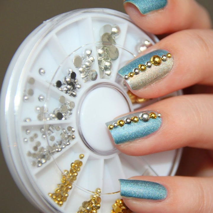 Eft 500pcs Mixed Sizes Silver& Gold Punk Half Round Acrylic Rhinestones Flatback Pearls Beads Nail Art Decoration W/Wheel