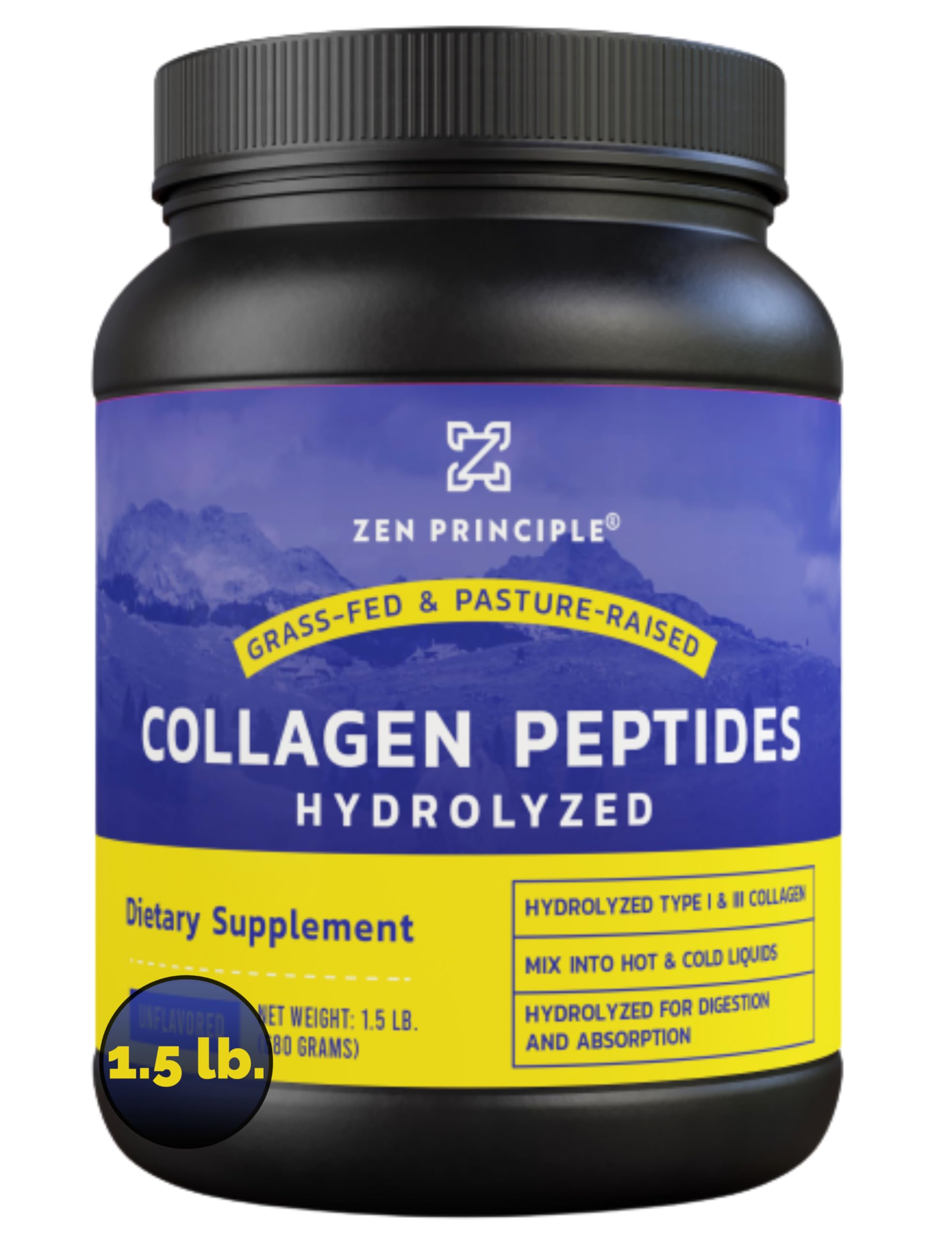 Zen Principle Grass-Fed Collagen Peptides 1.5 lb. Anti-Aging Hydrolyzed Protein Powder for Healthy Hair, Skin, Joints & Nails. Paleo and Keto Friendly, GMO and Gluten Free, Pasture-Raised Bovine.