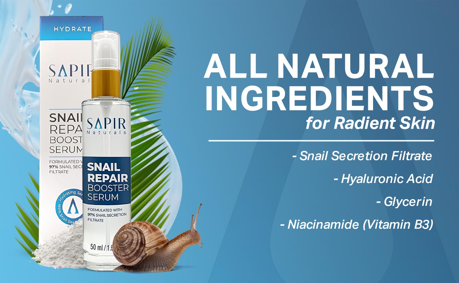 Snail Mucin Serum Repair Booster Serum 50ml - Formulated With 97% Snail Secretion Filtrate - Facial Skin Care Products Face Serum For Women With Hyaluronic Acid - Anti aging Serum - (2 Pack)