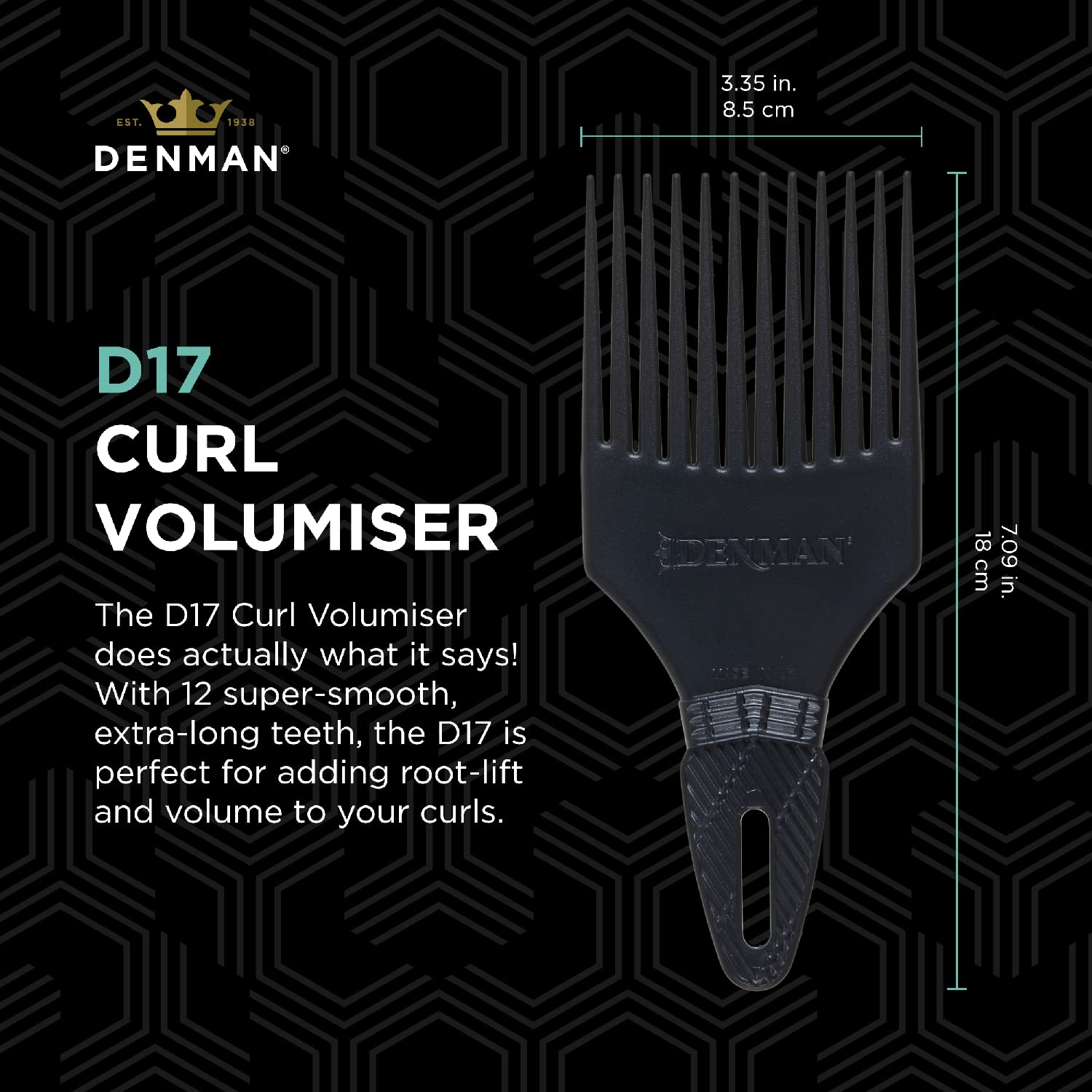 Jack Dean by Denman (Black) Curl Volumiser Comb for Separating, Styling, Defining, Enhancing & Boosting Curls (D17)