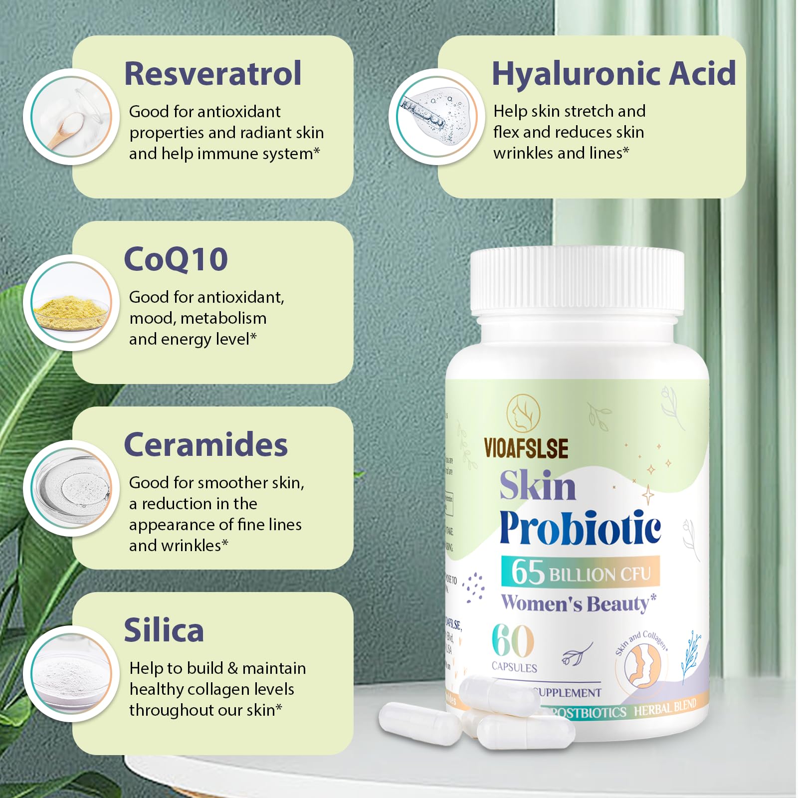 Beauty Probiotics for Women, Collagen Boost with 3-in-1 Complete Prebiotics, Postbiotics & Probiotics for Hair, Skin, Nails & Vaginal Health - 65 Billion CFU, Ceramides, Resveratrol & CoQ10, 60 Caps