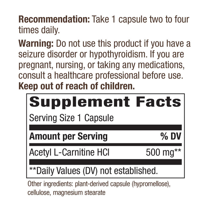 Nature's Way Acetyl L-Carnitine, Supports Brain Function*, 500mg Per Serving, 60 Capsules