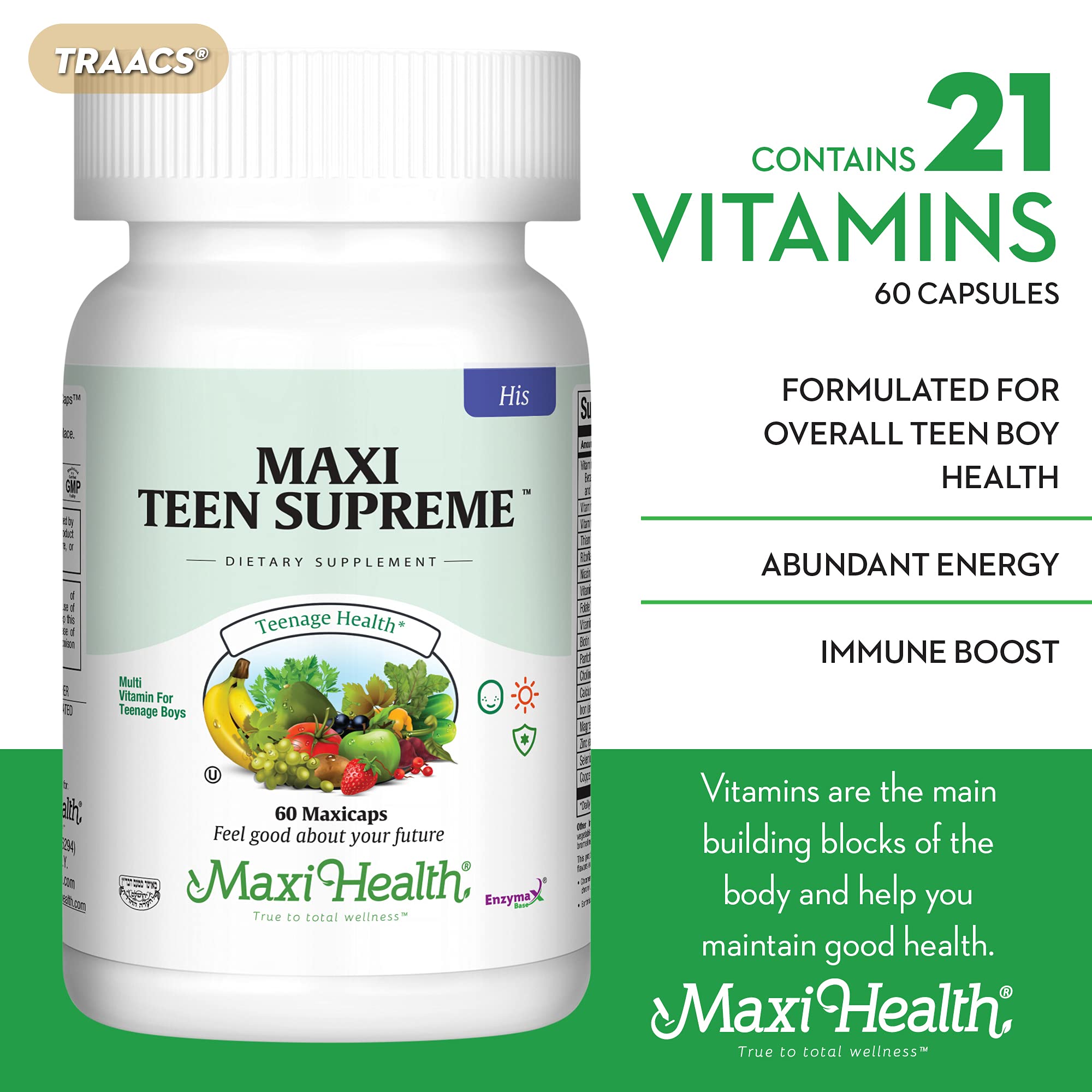 Maxi Health Teen Supreme HIS Vitamins for Teen Boys (60) - Teen Multivitamin for Young Men Ages 12 17 - Daily Teen Vitamins for Nutrition, Energy, Immune Support, Antioxidants & Teen Boy Needs