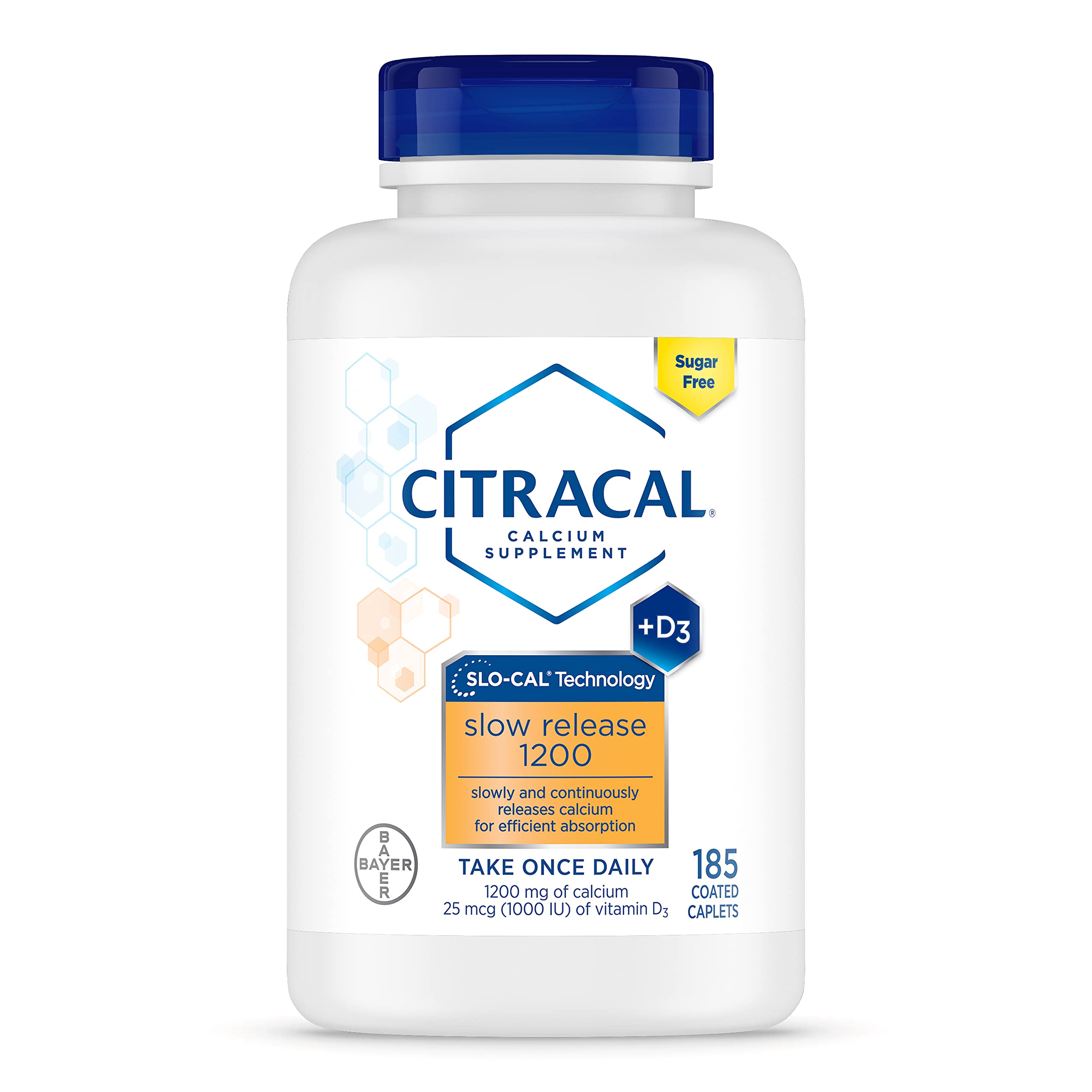 Citracal Slow Release 1200, 1200 mg Calcium Citrate and Calcium Carbonate with 25 mcg (1000 IU) Vitamin D3, Bone Health Support, Calcium Supplement for Ages 12+, Take Once Daily Caplet, 185 Count