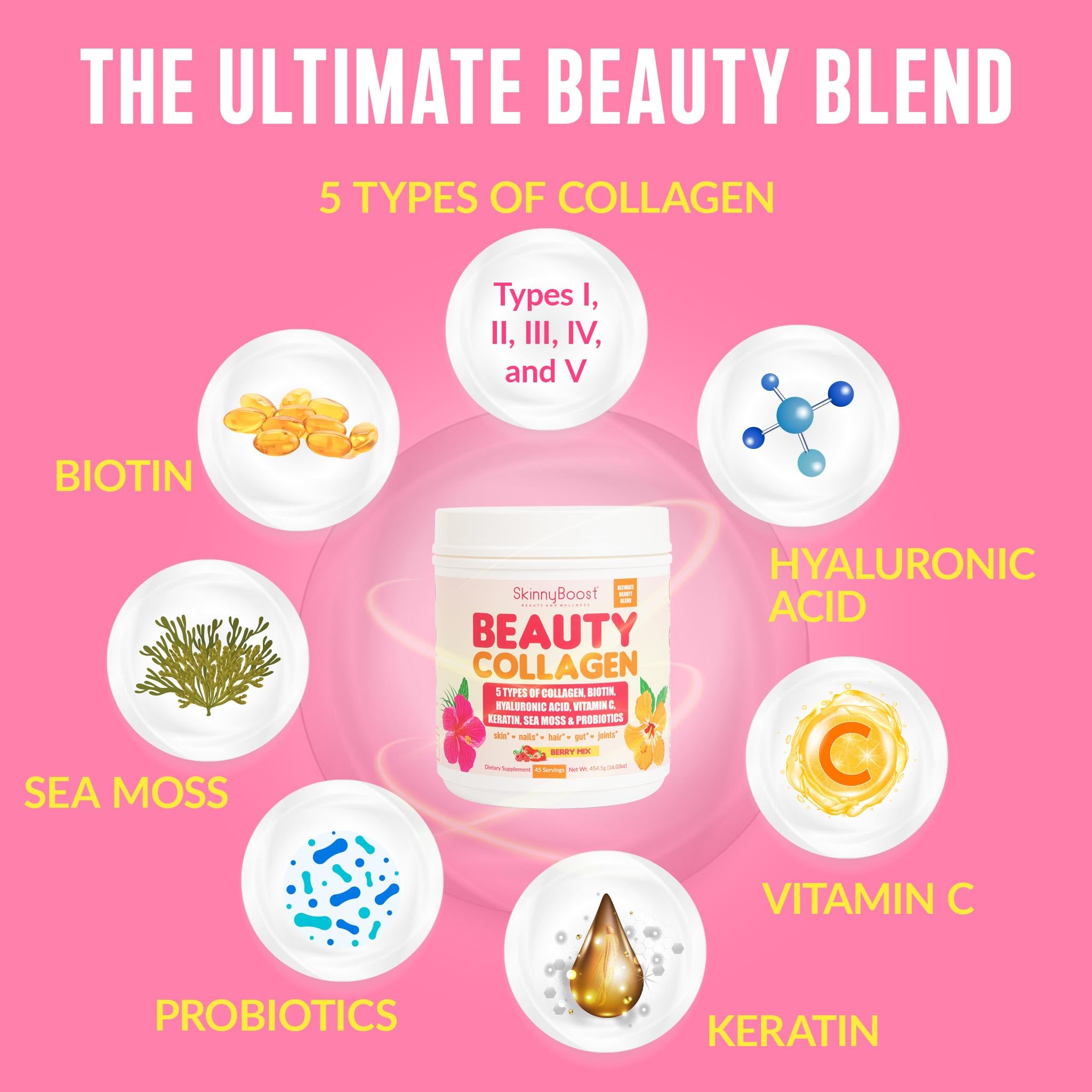 Beauty Collagen-Berry Mix Flavored-Ultimate Beauty Blend with 5 Types of Collagen, Sea Moss, Biotin, Keratin, Hyaluronic Acid, Vitamin C and Probiotics-All Natural, Made in USA -45 Servings