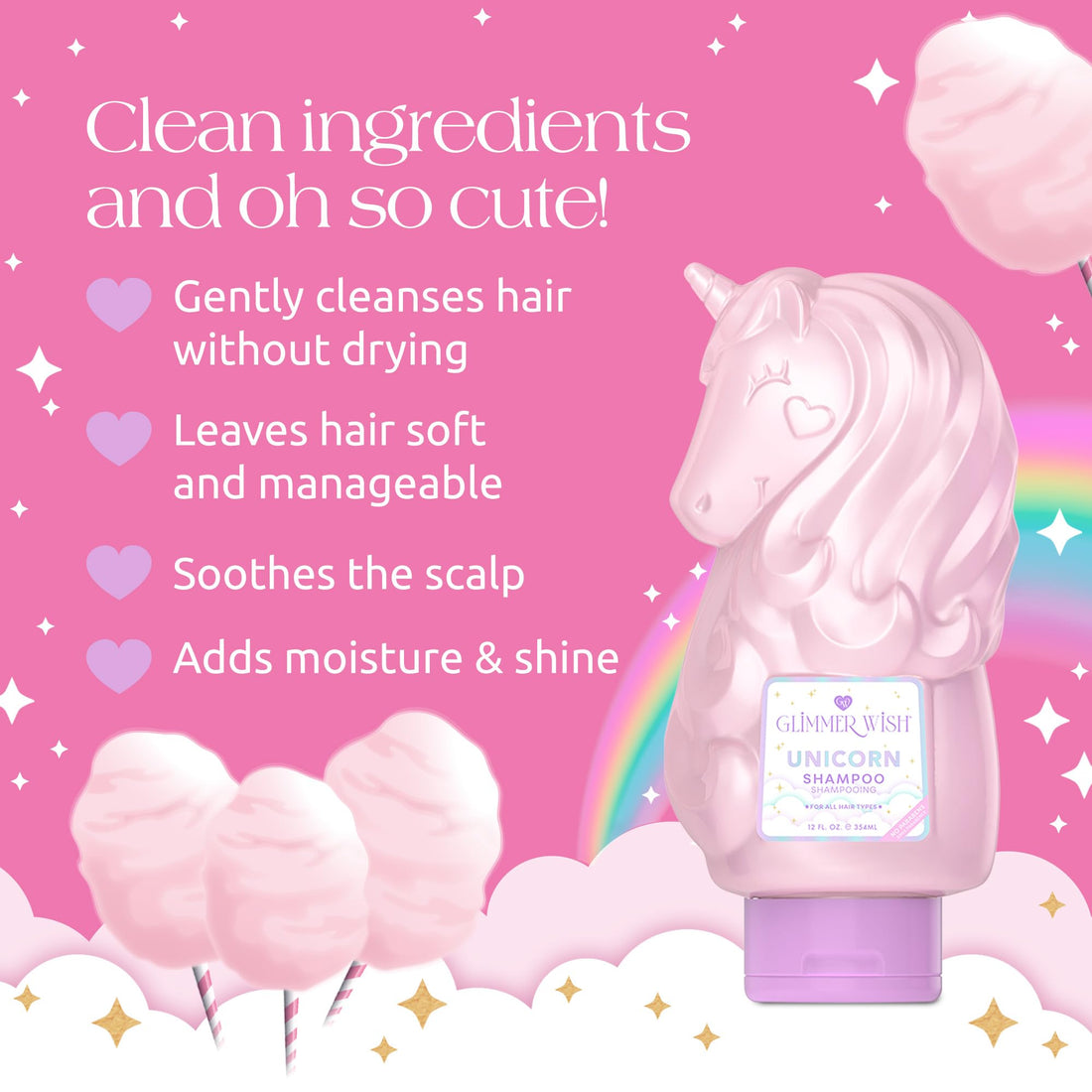 Glimmer Wish Unicorn Kids Shampoo, Paraben and Sulfate Free Shampoo for Soft and Manageable Hair, Kids Hair Care, Cotton Candy Scent, 12 Fl Oz