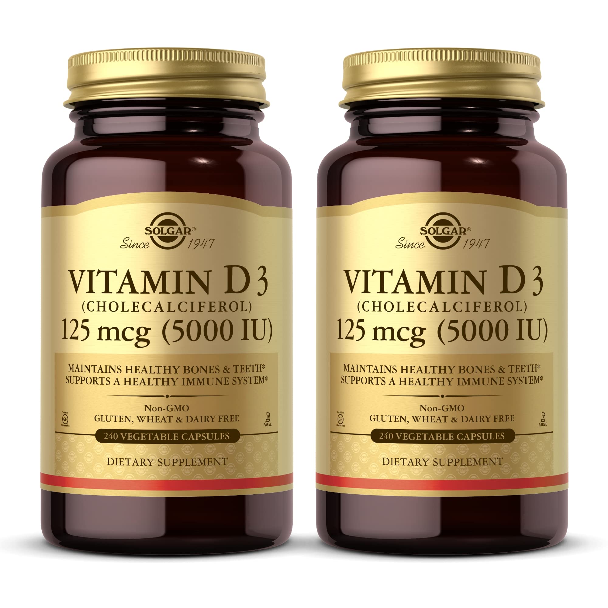 Solgar Vitamin D3 (Cholecalciferol) 125 mcg (5000 IU), 240 Vegetable Capsules (Pack of 2) - Helps Maintain Healthy Bones & Teeth - Immune System Support - Non-GMO, Gluten Free - 480 Total Servings