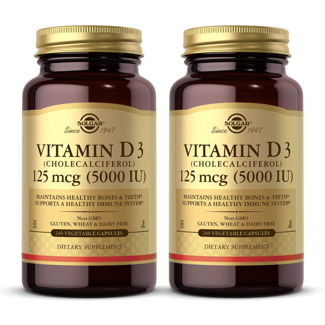 Solgar Vitamin D3 (Cholecalciferol) 125 mcg (5000 IU), 240 Vegetable Capsules (Pack of 2) - Helps Maintain Healthy Bones & Teeth - Immune System Support - Non-GMO, Gluten Free - 480 Total Servings
