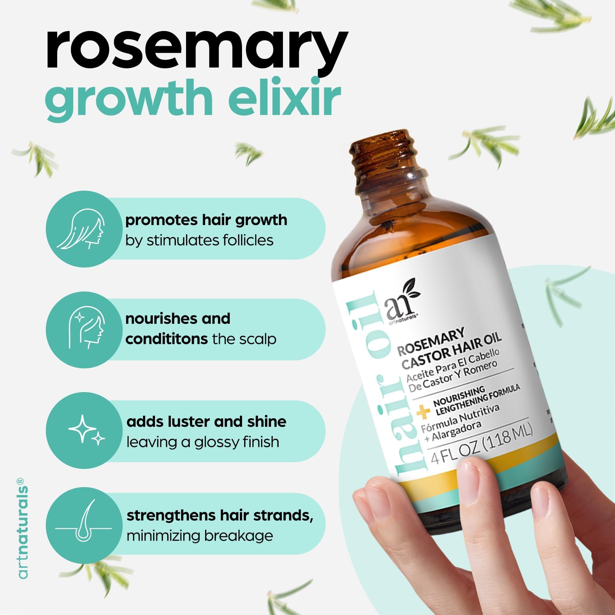 ArtNaturals Organic Rosemary & Castor Hair Growth Oil + Scalp Massager Set – Hair Relaxer for Dry, Itchy Scalp, Thickening & Hydration - Scalp Oil Products For Damaged Hair & Split Ends – 4.0 oz