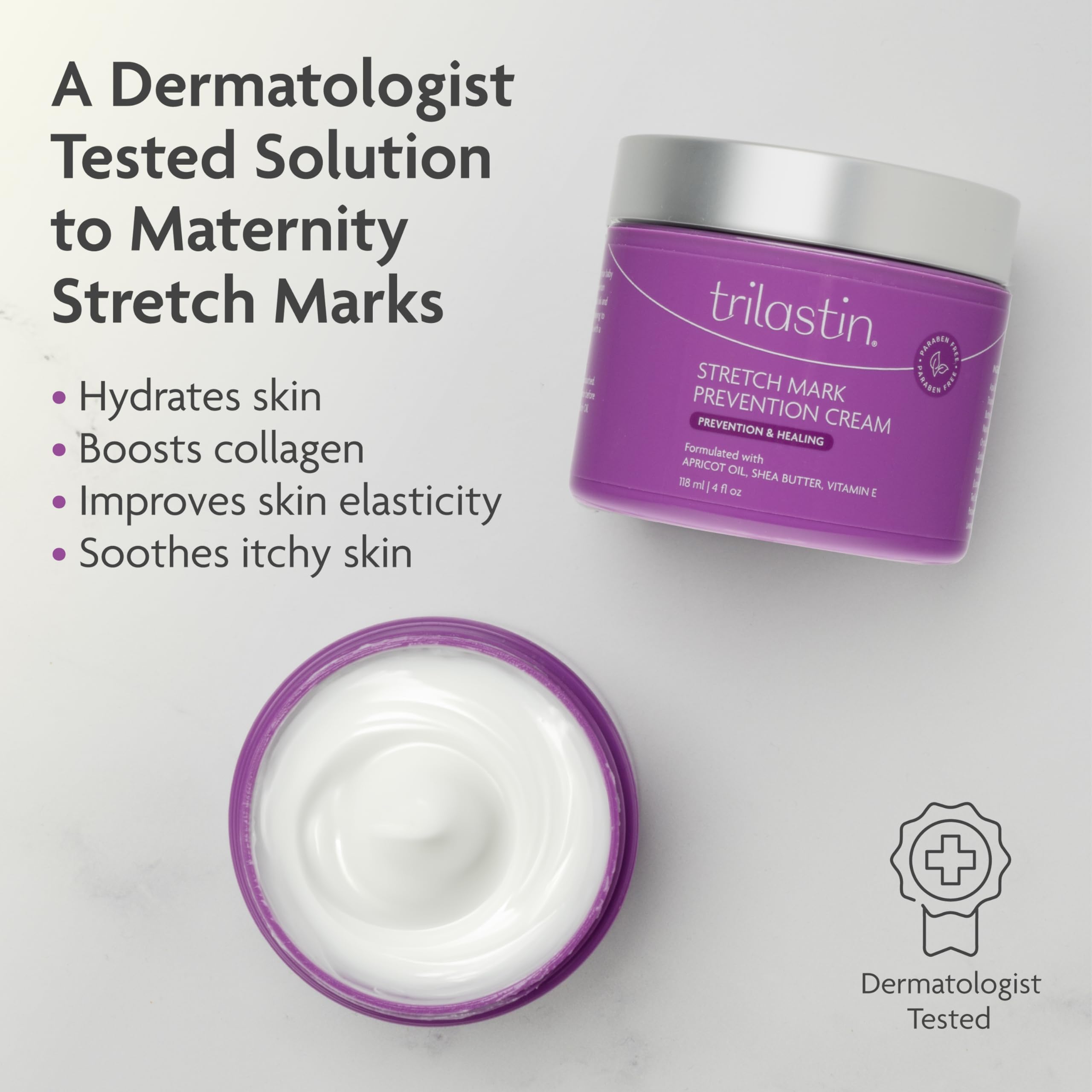 TriLASTIN Maternity Stretch Mark Prevention Cream - Paraben-Free, Hypoallergic, and Safe for Pregnancy - Stretch Mark Cream for Pregnant Women - 4 Oz - Belly Cream for Pregnant Women