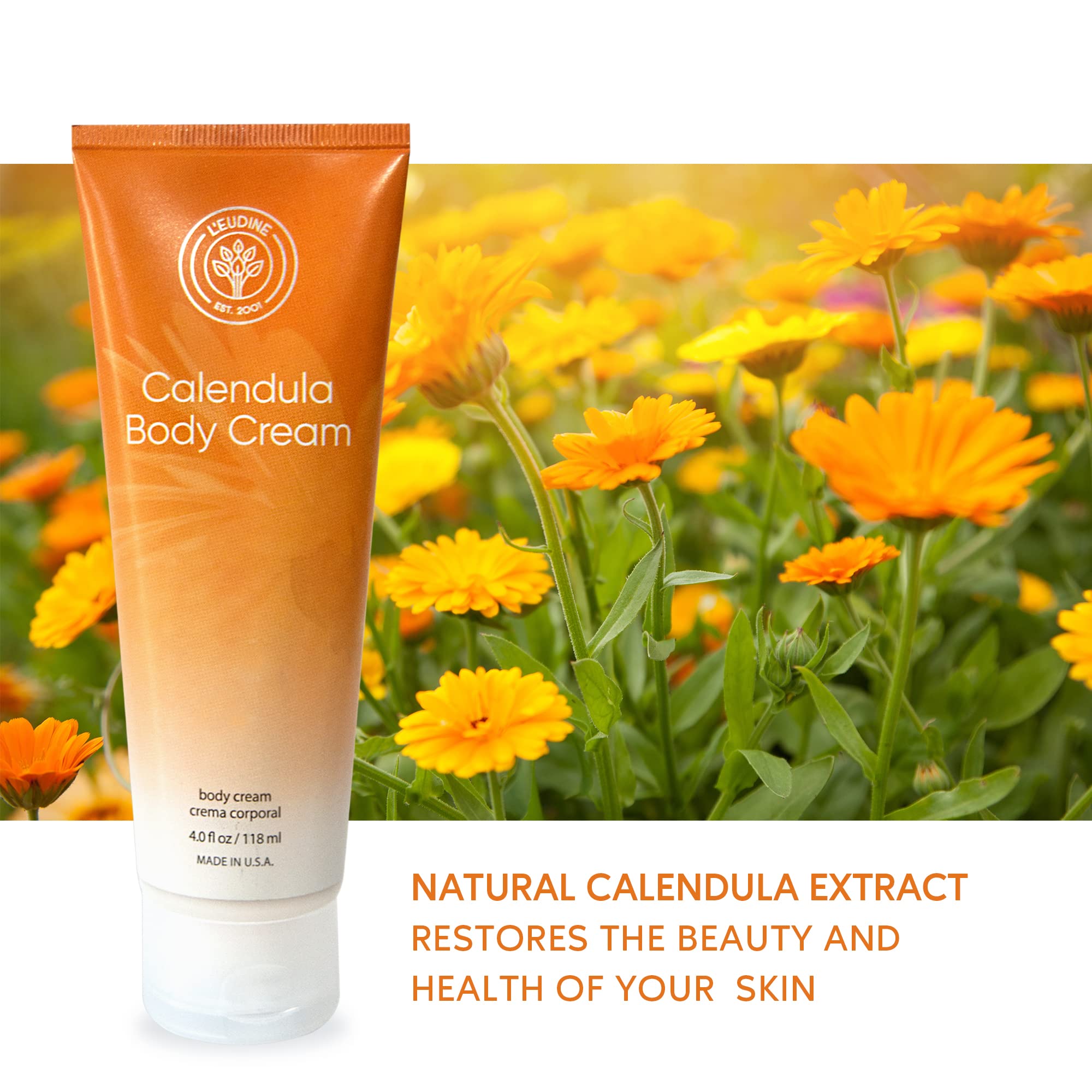 L’EUDINE Calendula Cream – 4fl oz Calendula Body Cream for Acne, Wrinkles, Fine Lines, Scars – Calming and Soothing Repair Cream – Natural Calendula Extract with Vitamin E, Echinacea