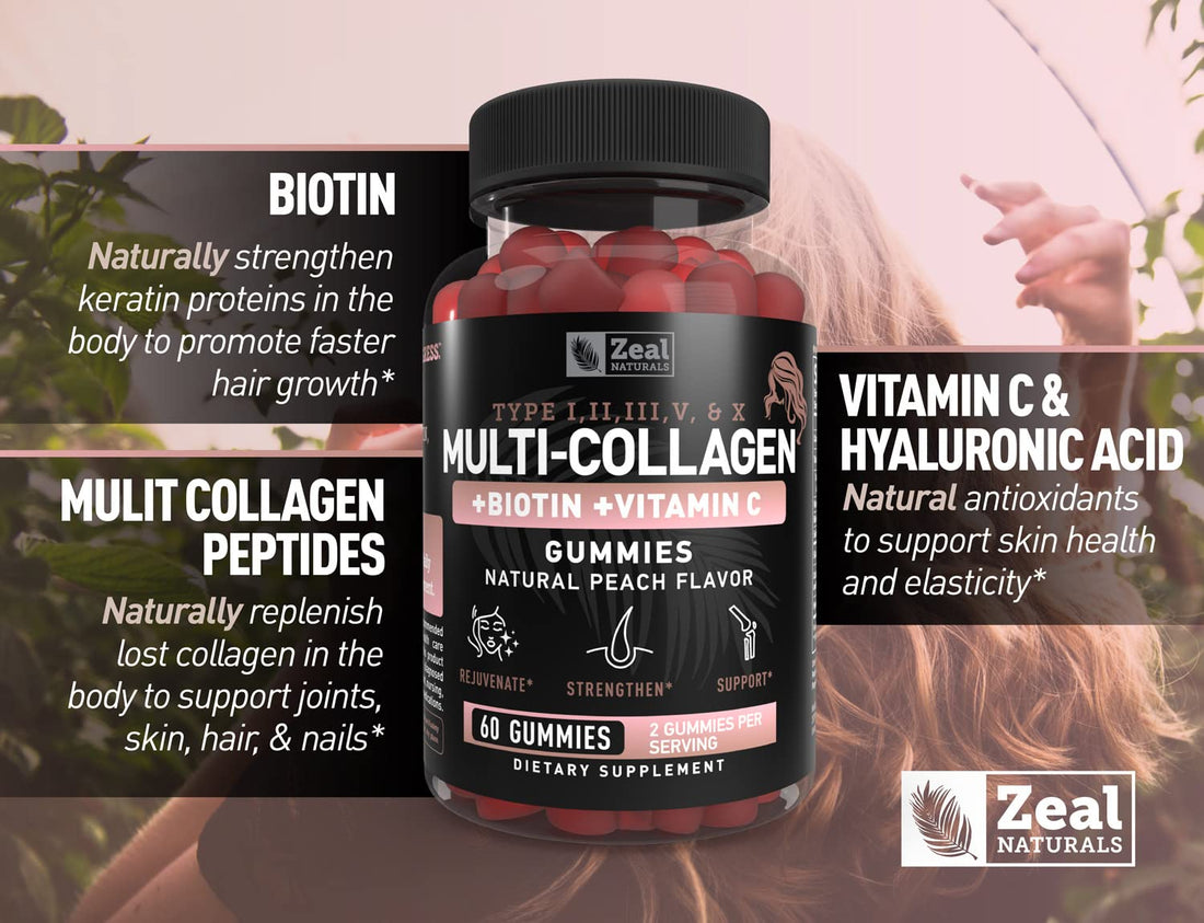 Multi Collagen Peptide Gummies (1, 2, 3, 5 & 10) + Vitamin C + Biotin + Hyaluronic Acid | Supports Healthy Hair, Skin, and Nails | Non-GMO and Gluten-Free | Natural Peach Flavor | 60 Gummies