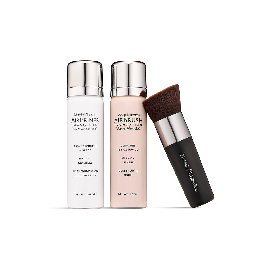 MagicMinerals AirBrush Foundation by Jerome Alexander 3-Piece Makeup Set - Liquid Silk AirPrimer, Mineral Foundation Spray and Kabuki Brush - Light Shade