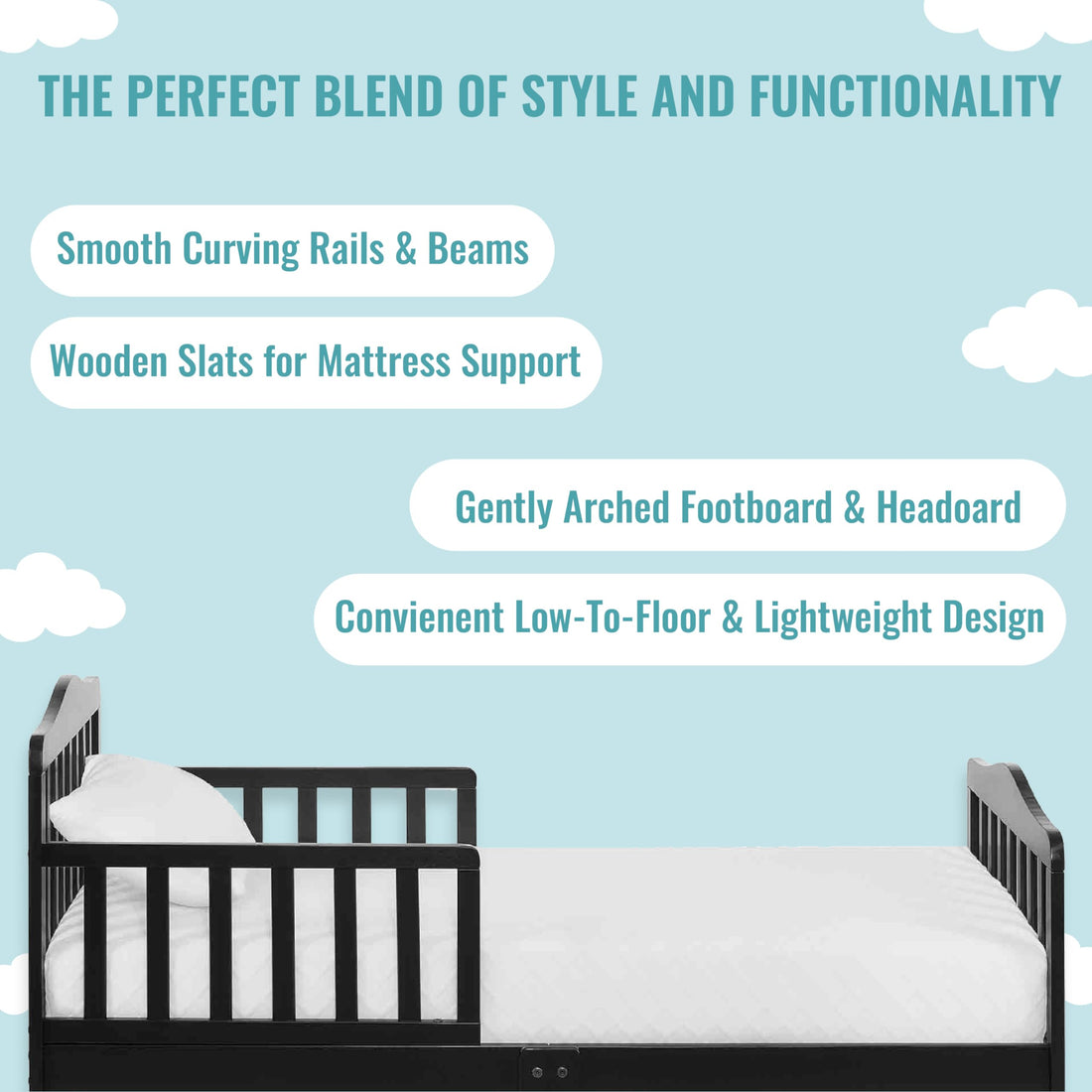 Dream On Me Classic Design Toddler Bed In Black, Greenguard Gold And JPMA Certified, Low To Floor Design, Two Side Safety rails, Non-Toxic Finishes, Wooden Nursery Furniture