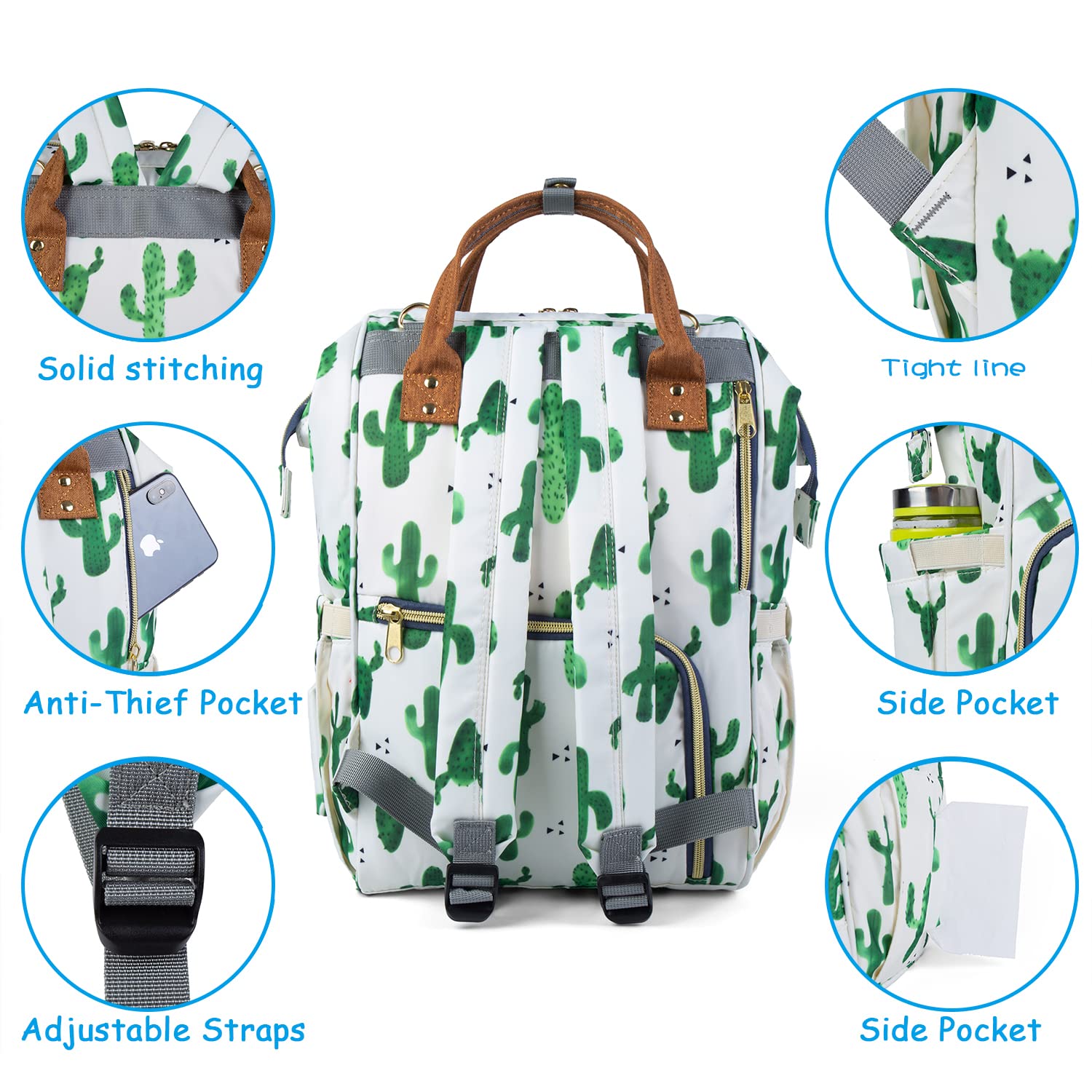 Starte Flower Baby Diaper Backpack with Stroller Straps Large Capacity Baby Bags for Fashion Mommy Maternity Nappy Bag Cactus
